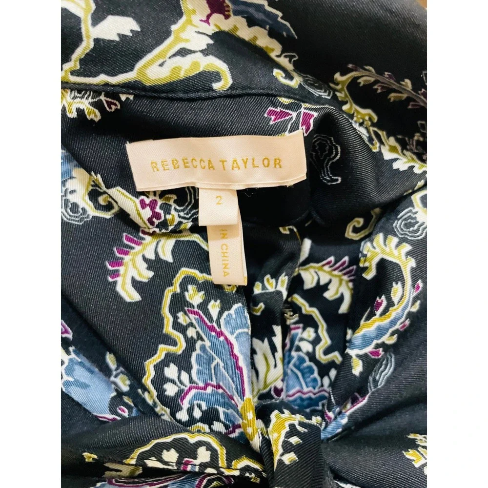 Rebecca Taylor Paisley Print Tie‎ Waist Pants Size 2 Black Blue